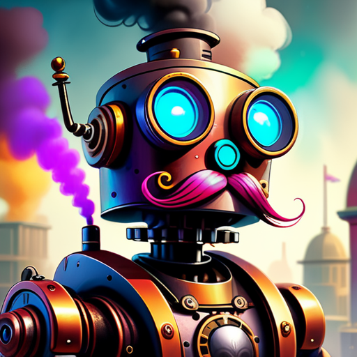 a steampunky robot with a mustache and a mustache on his face, standing in front of a city, Anton Fadeev, steampunk, a character portrait, pop surrealism
