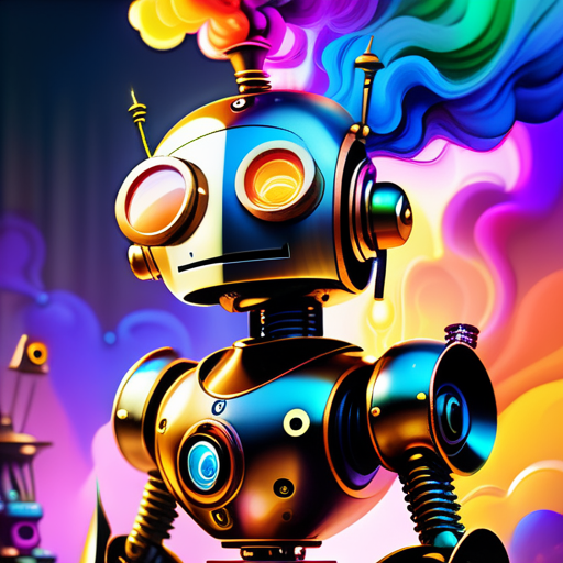 a robot with a steam engine on a colorful background with a ship in the distance and smoke coming out of its mouth, Android Jones, behance hd, an ultrafine detailed painting, psychedelic art
